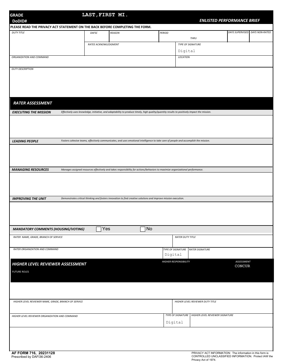 AF Form 716 Enlisted Performance Brief, Page 1