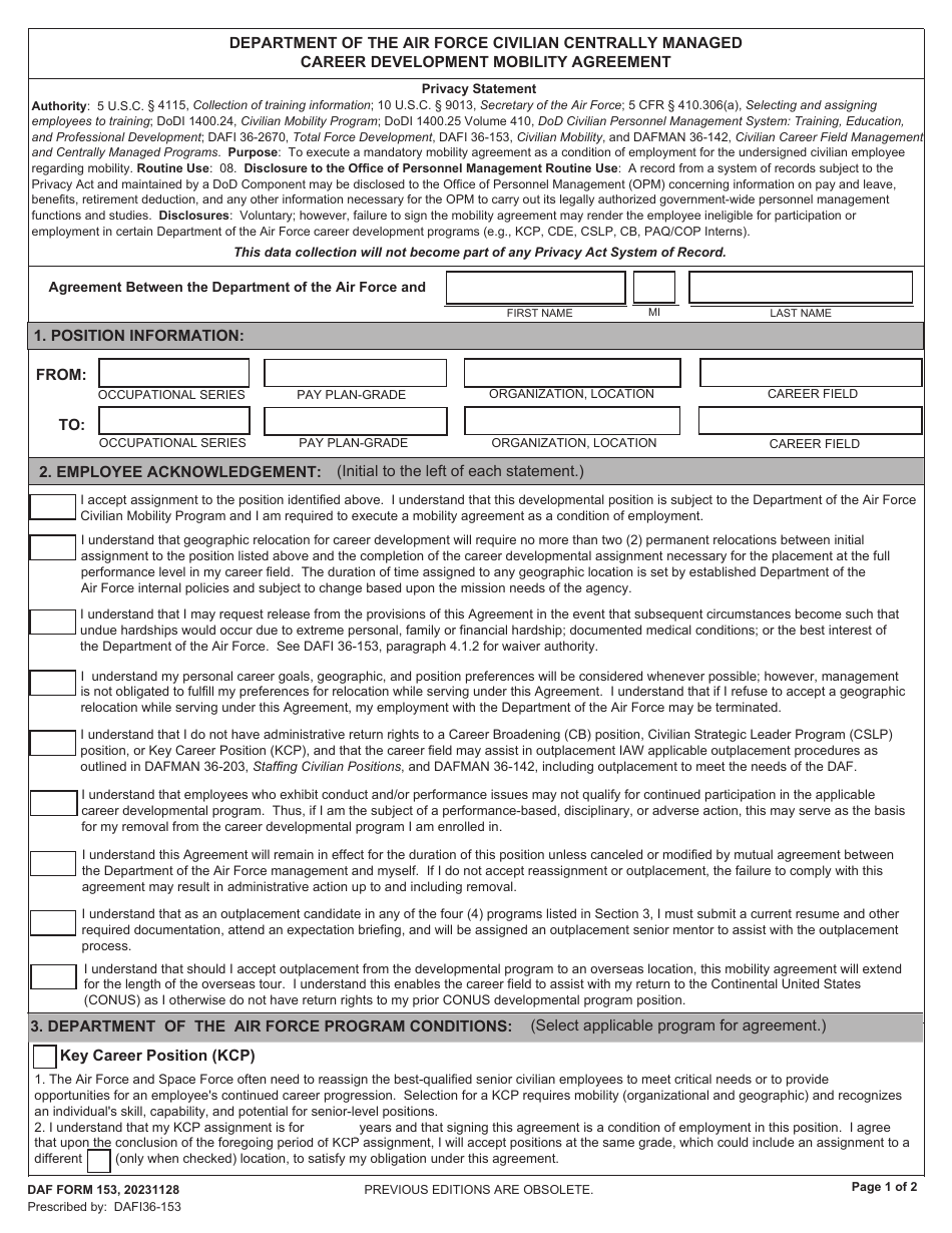 DAF Form 153 Department of the Air Force Civilian Centrally Managed Career Development Mobility Agreement, Page 1