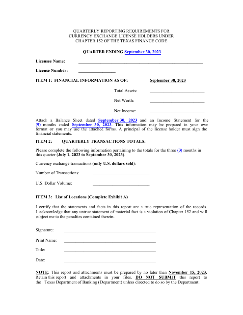 Quarterly Reporting Requirements for Currency Exchange License Holders Under Chapter 152 of the Texas Finance Code - 3rd Quarter - Texas Download Pdf