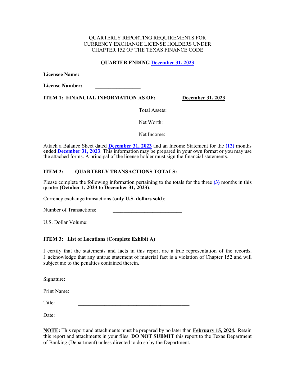 Quarterly Reporting Requirements for Currency Exchange License Holders Under Chapter 152 of the Texas Finance Code - 4th Quarter - Texas, Page 1