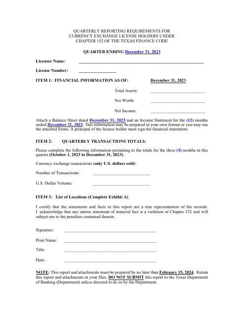 Quarterly Reporting Requirements for Currency Exchange License Holders Under Chapter 152 of the Texas Finance Code - 4th Quarter - Texas Download Pdf