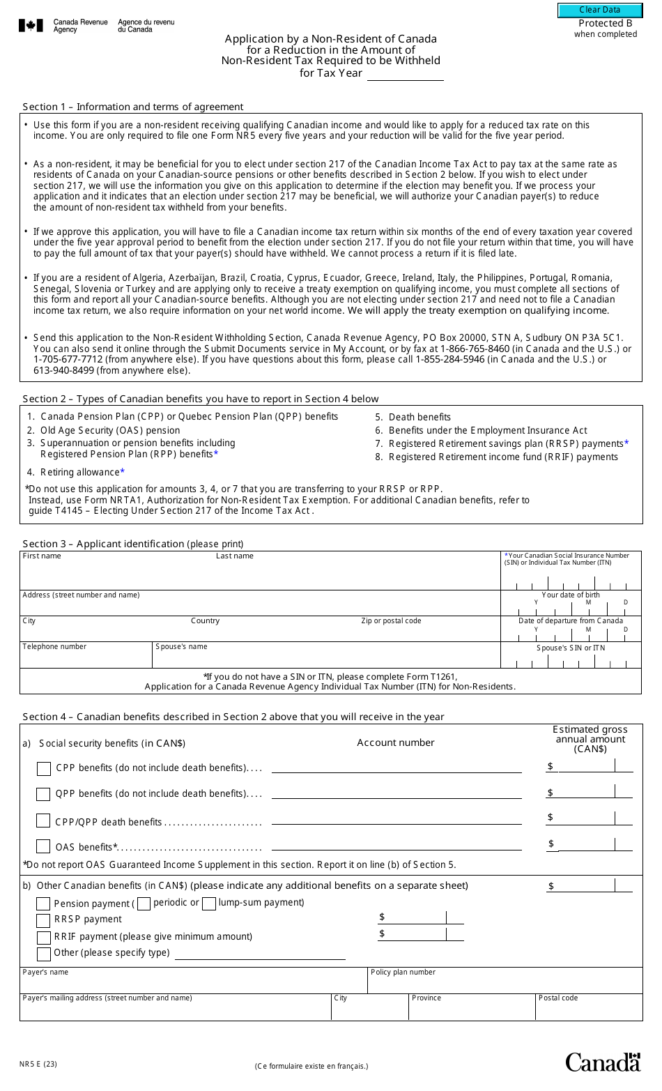 Form NR5 Application by a Non-resident of Canada for a Reduction in the Amount of Non-resident Tax Required to Be Withheld - Canada, Page 1