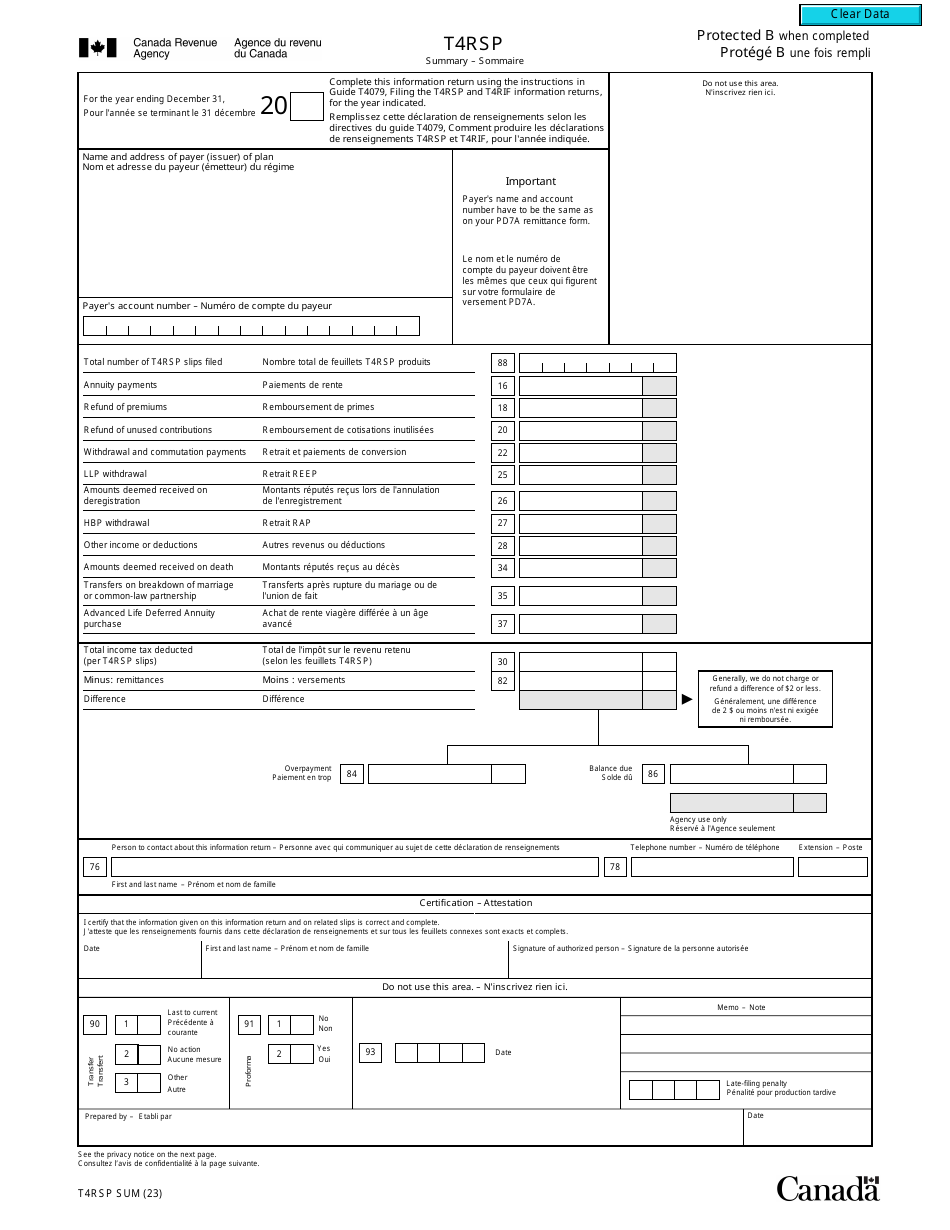 Form T4RSP SUM Download Fillable PDF or Fill Online T4rsp Summary ...