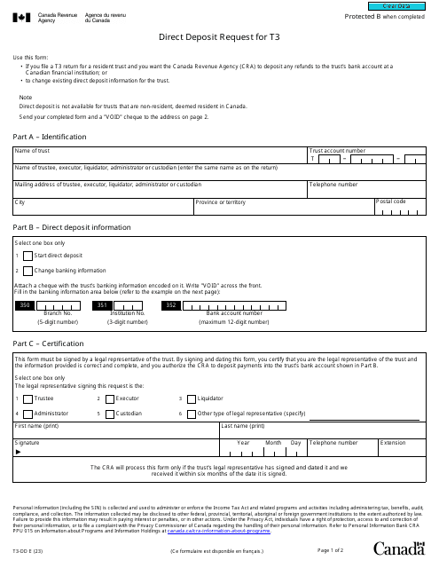 Form T3-DD Direct Deposit Request for T3 - Canada