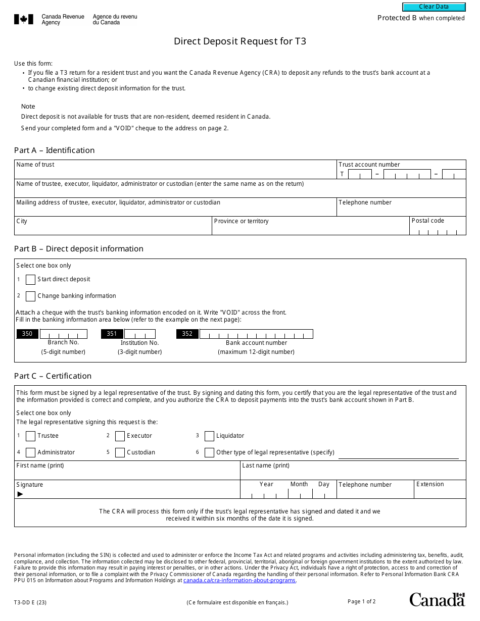 Form T3-DD Direct Deposit Request for T3 - Canada, Page 1