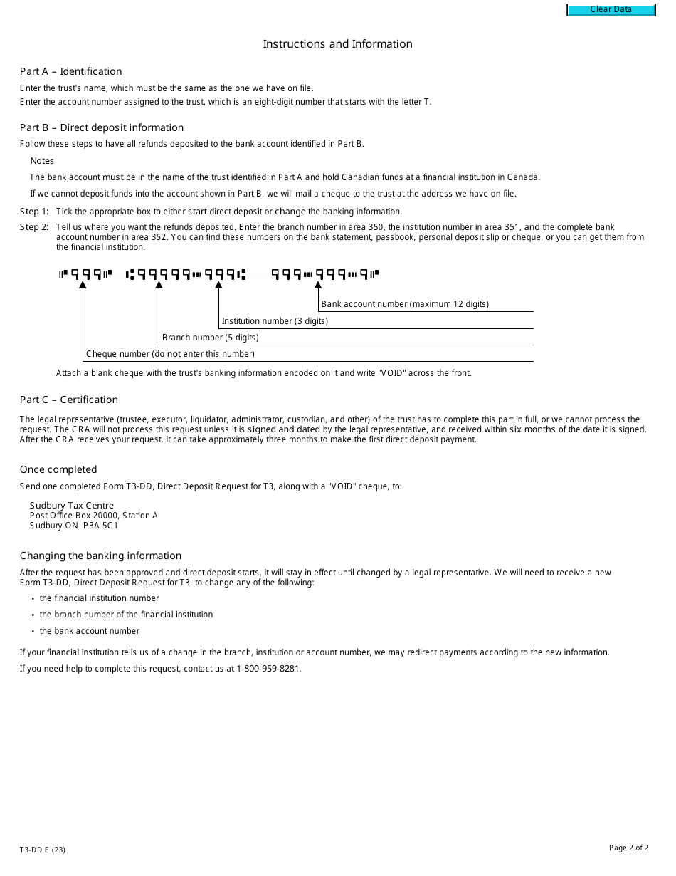 Form T3-DD Direct Deposit Request for T3 - Canada, Page 2