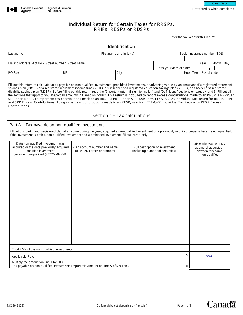 Form RC339 Individual Return for Certain Taxes for Rrsps, Rrifs, Resps or Rdsps - Canada, Page 1