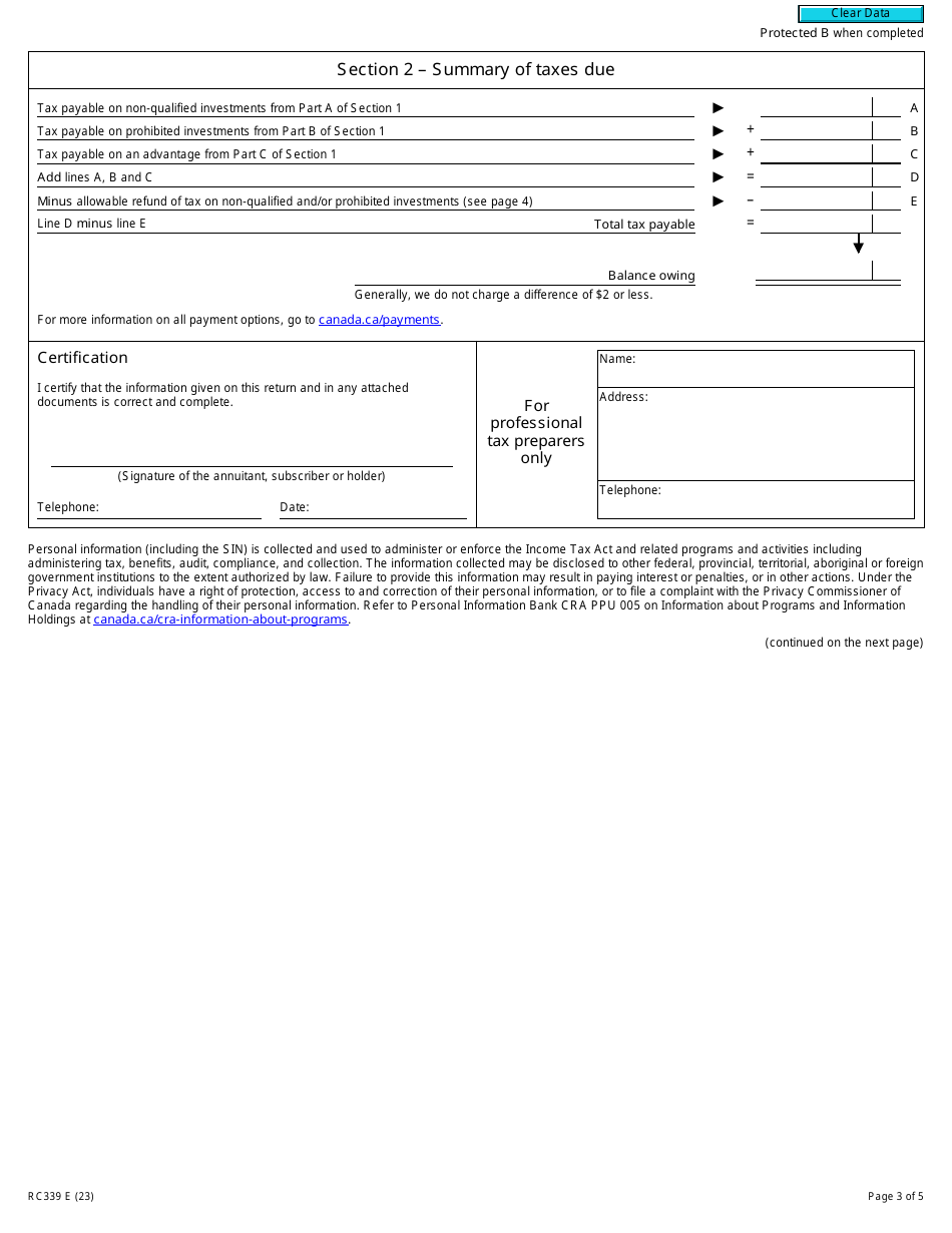 Form RC339 Individual Return for Certain Taxes for Rrsps, Rrifs, Resps or Rdsps - Canada, Page 3