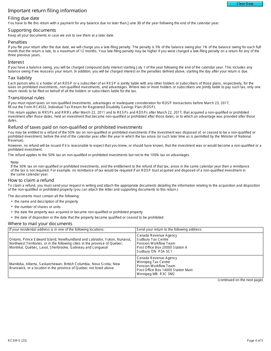 Form RC339 Individual Return for Certain Taxes for Rrsps, Rrifs, Resps or Rdsps - Canada, Page 4