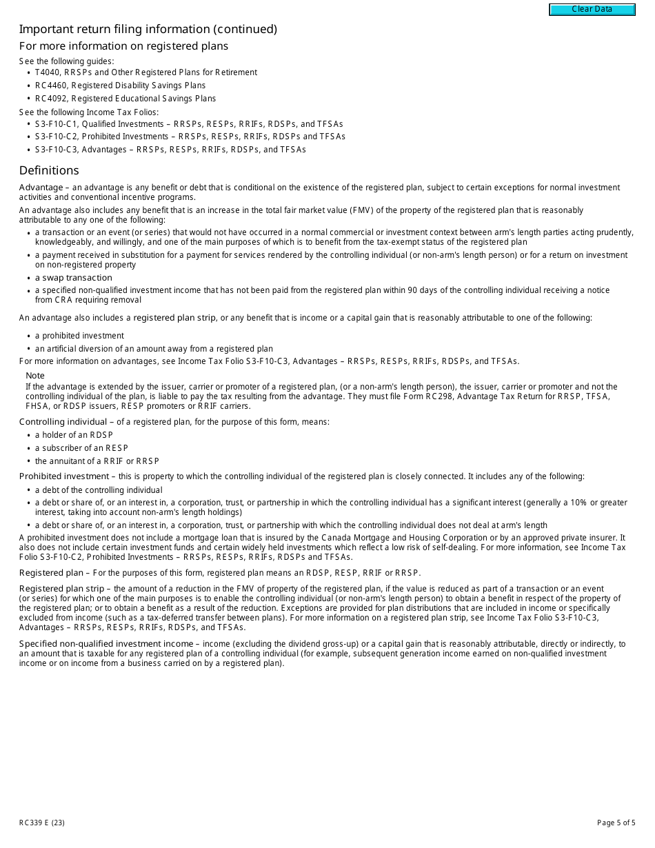 Form RC339 Individual Return for Certain Taxes for Rrsps, Rrifs, Resps or Rdsps - Canada, Page 5