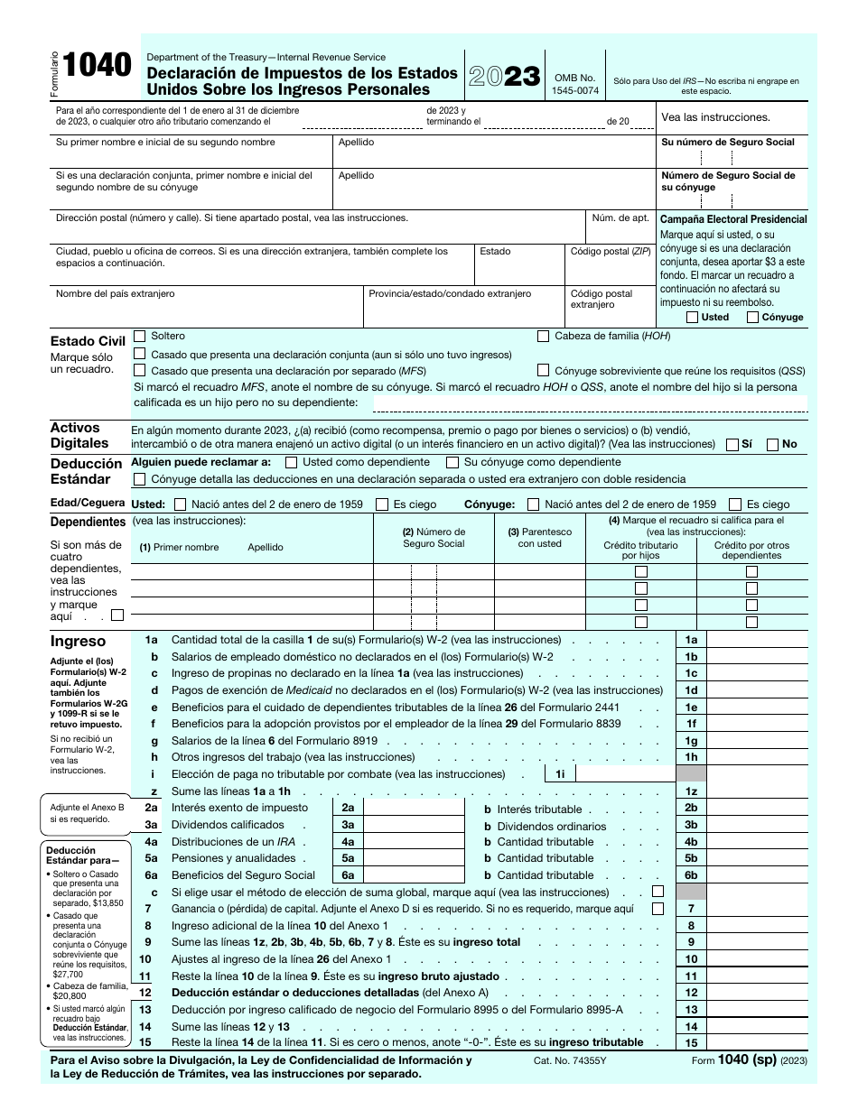 IRS Formulario 1040 (SP) Declaracion De Impuestos De Los Estados Unidos Sobre Los Ingresos Personales (Spanish), Page 1