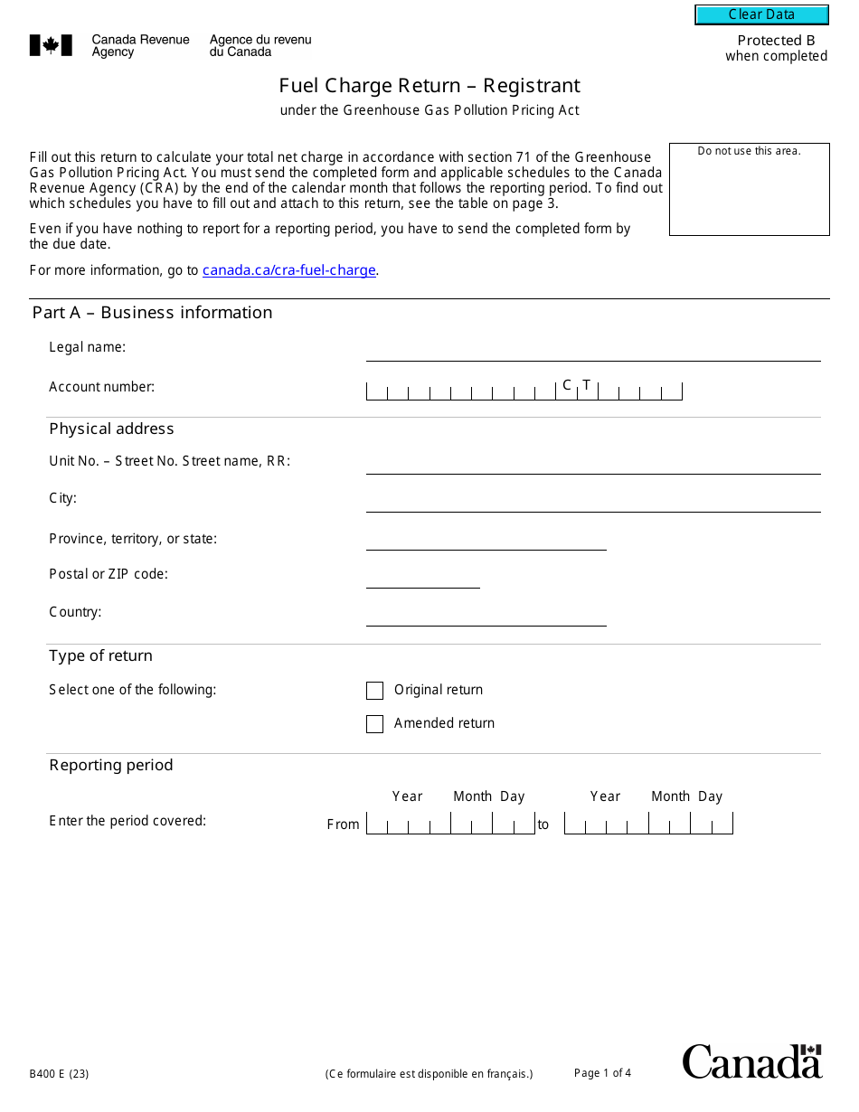 Form B400 Fuel Charge Return - Registrant - Canada, Page 1