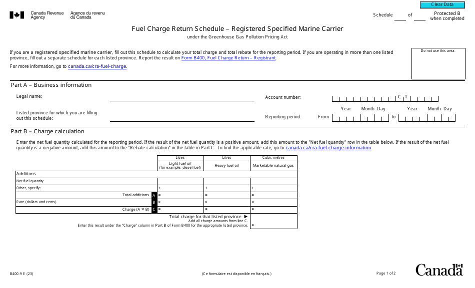 Form B400-9 Fuel Charge Return Schedule - Registered Specified Marine Carrier - Canada, Page 1