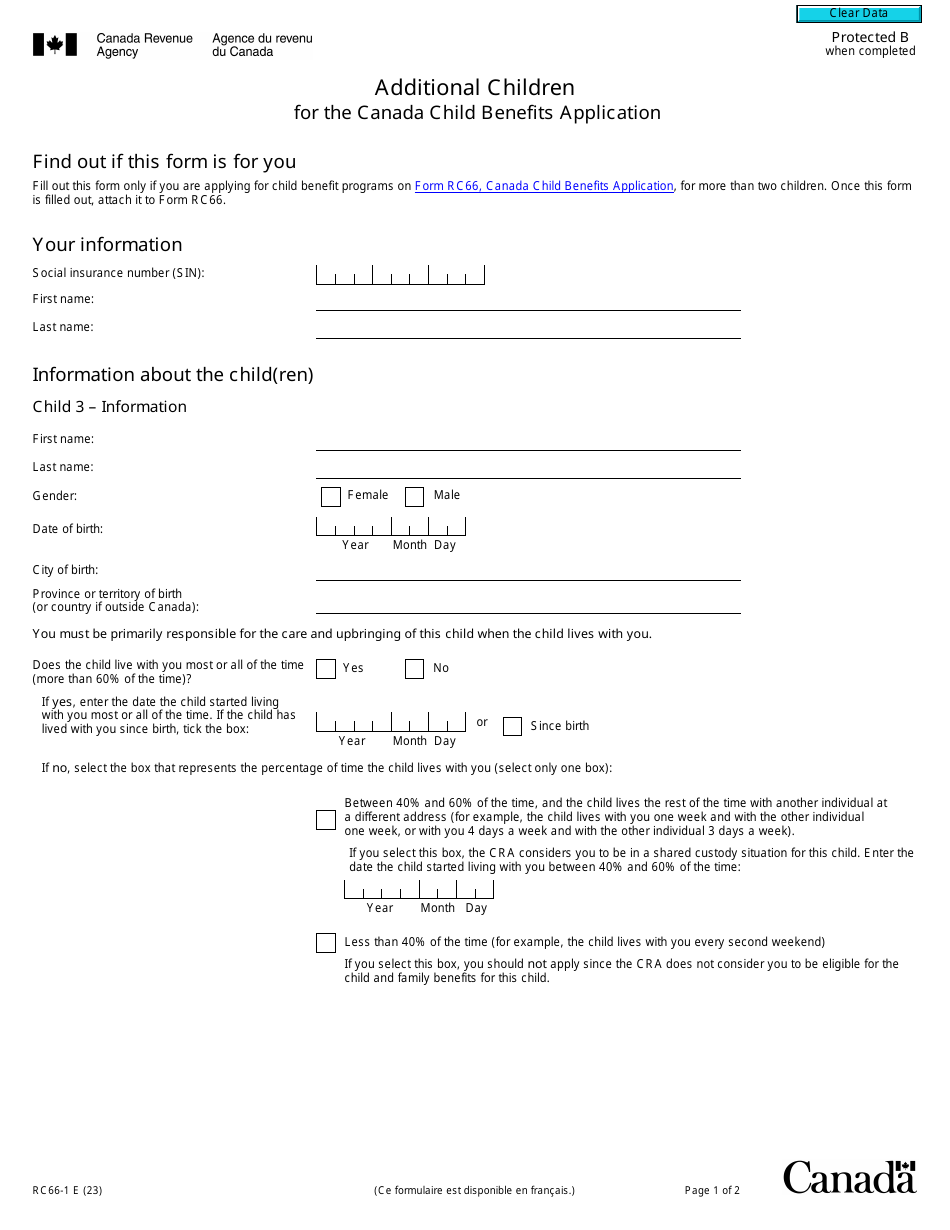 Form RC66-1 Additional Children for the Canada Child Benefits Application - Canada, Page 1