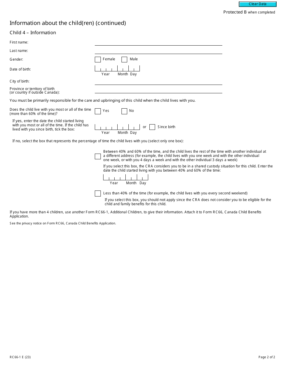 Form RC66-1 Download Fillable PDF or Fill Online Additional Children ...