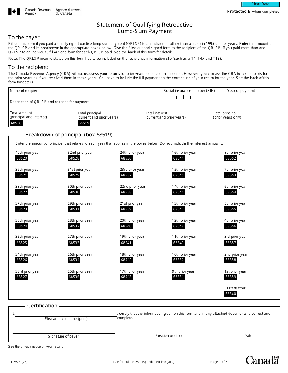 Form T1198 Statement of Qualifying Retroactive Lump-Sum Payment - Canada, Page 1