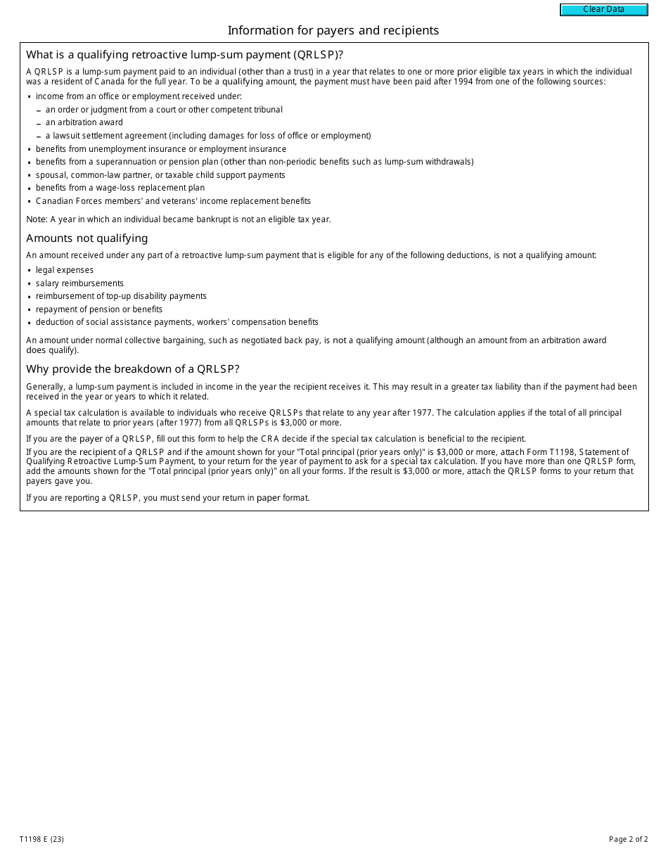 Form T1198 Statement of Qualifying Retroactive Lump-Sum Payment - Canada, Page 2