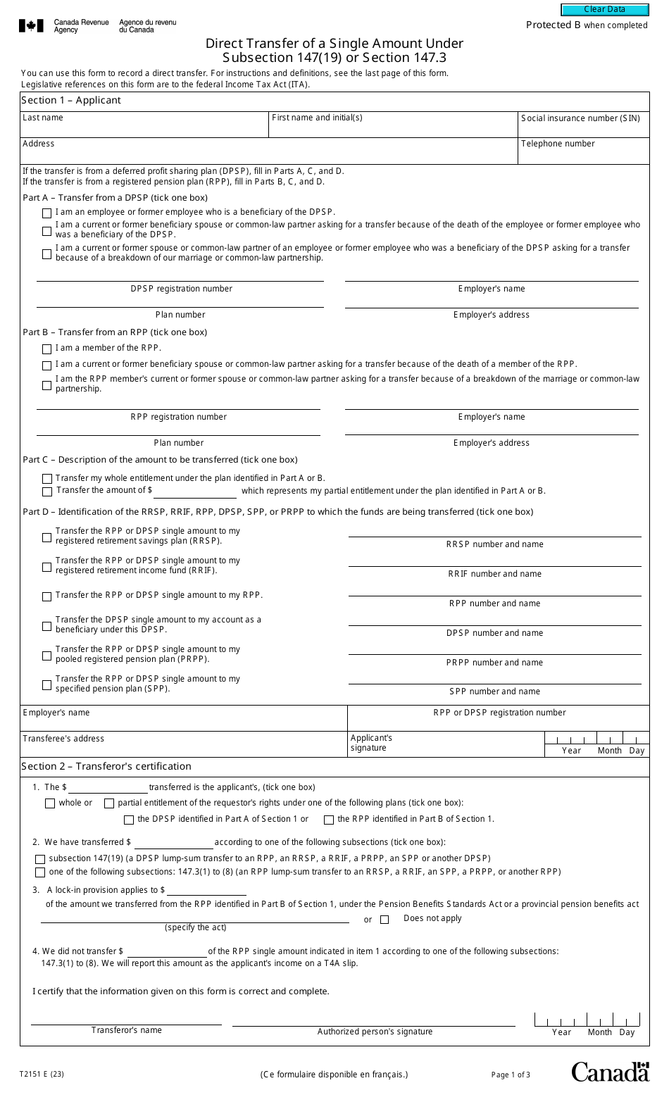 Form T2151 Direct Transfer of a Single Amount Under Subsection 147(19) or Section 147.3 - Canada, Page 1
