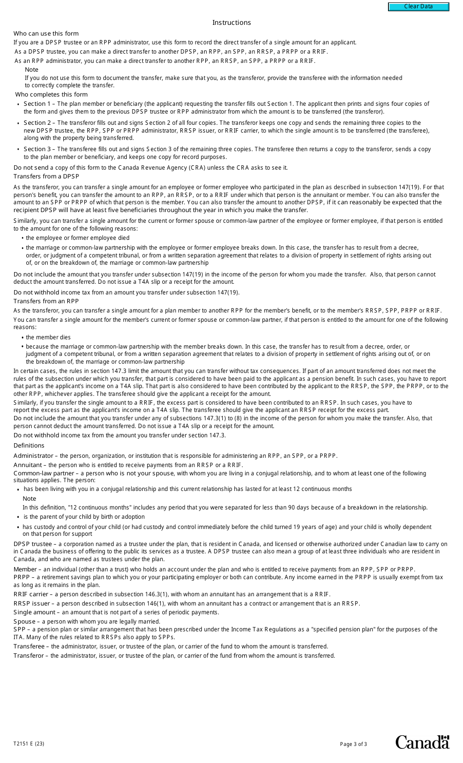 Form T2151 Direct Transfer of a Single Amount Under Subsection 147(19) or Section 147.3 - Canada, Page 3