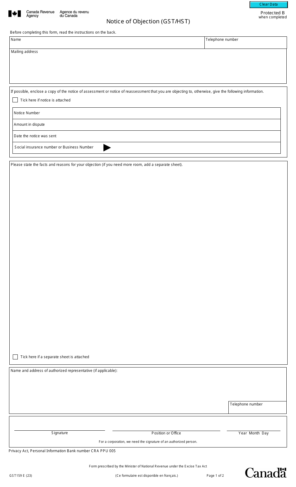 Form GST159 Download Fillable PDF or Fill Online Notice of Objection ...