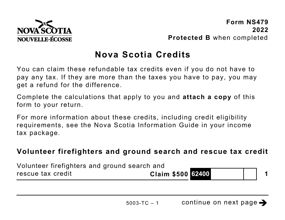 Form 5003-TC (NS479) Nova Scotia Credits - Large Print - Canada, Page 1