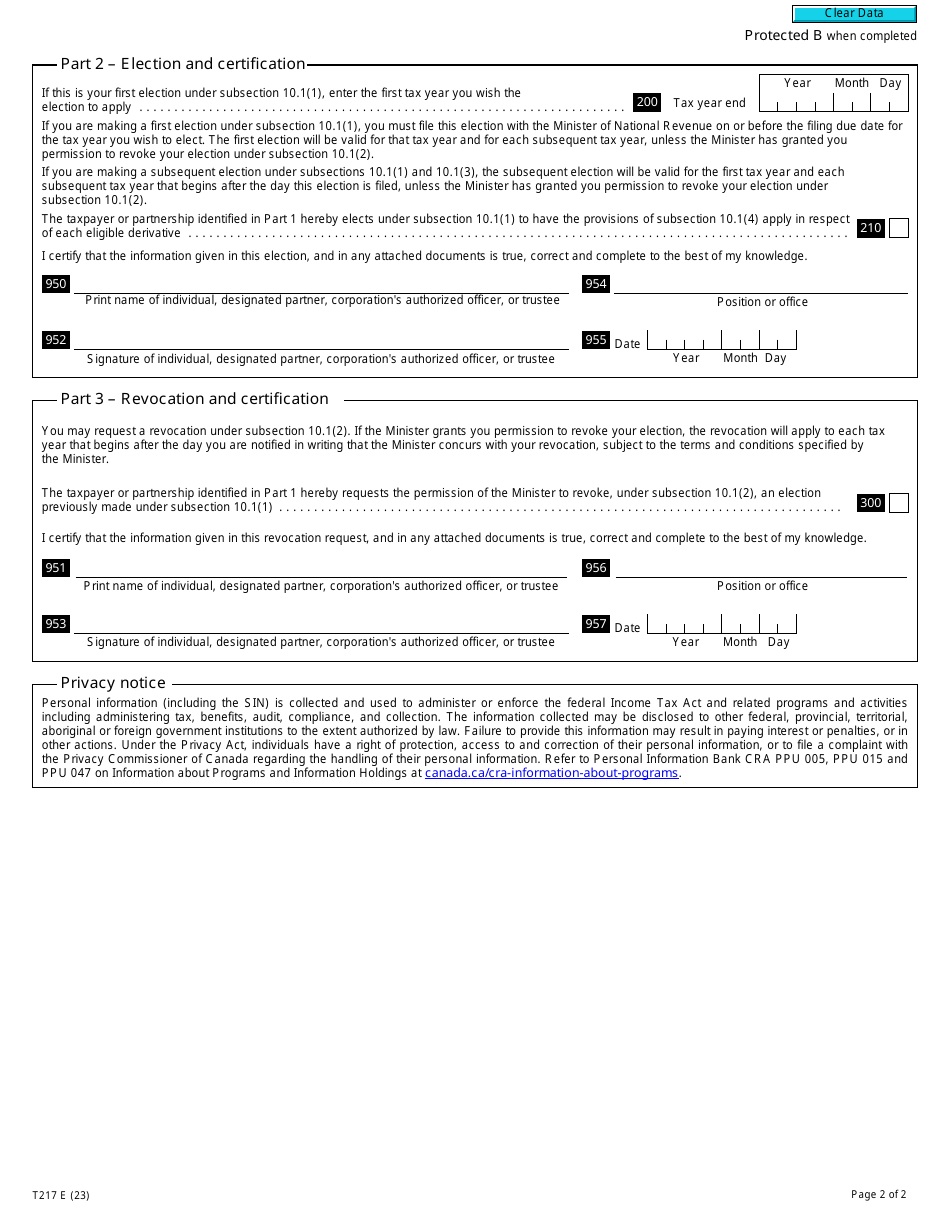 Form T217 Election or Revocation of an Election to Use the Mark-To-Market Method - Canada, Page 2