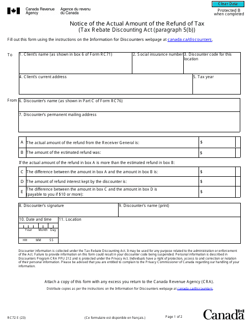 Form RC72 Notice of the Actual Amount of the Refund of Tax - Canada
