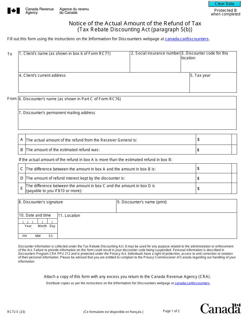 Form RC72 Notice of the Actual Amount of the Refund of Tax - Canada, Page 1