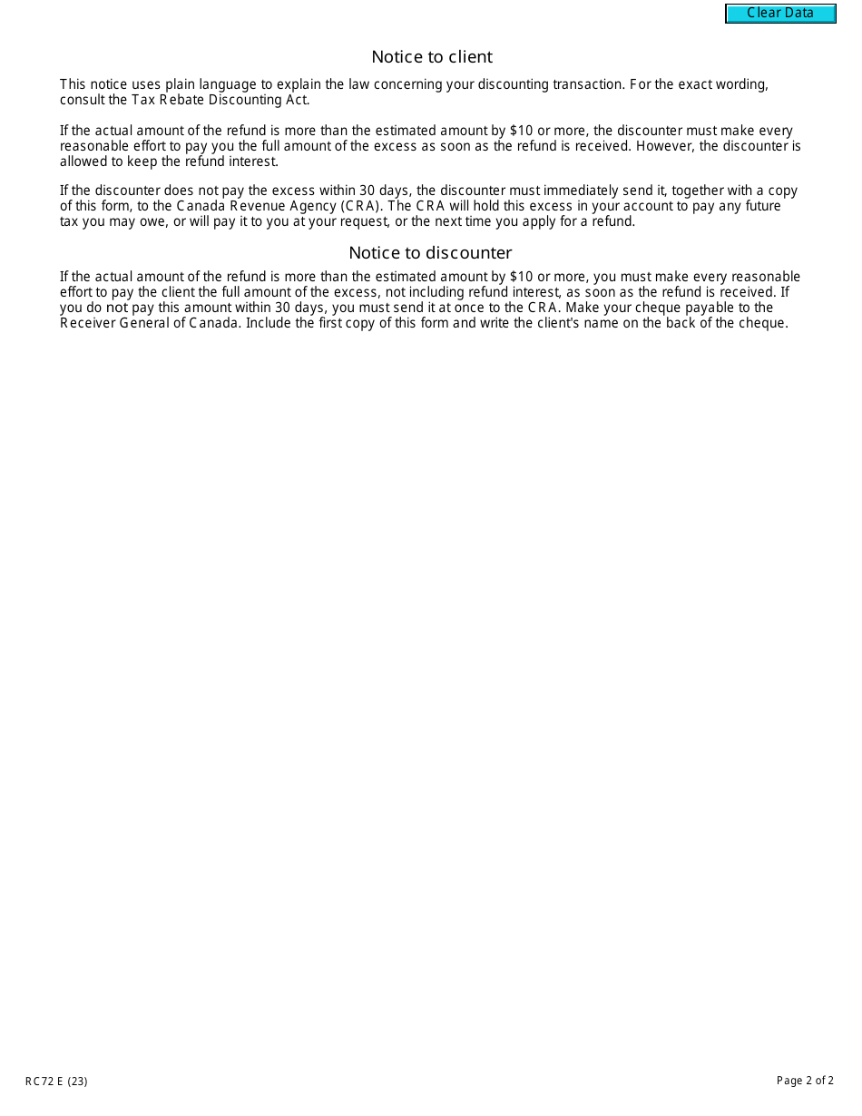 Form RC72 Notice of the Actual Amount of the Refund of Tax - Canada, Page 2