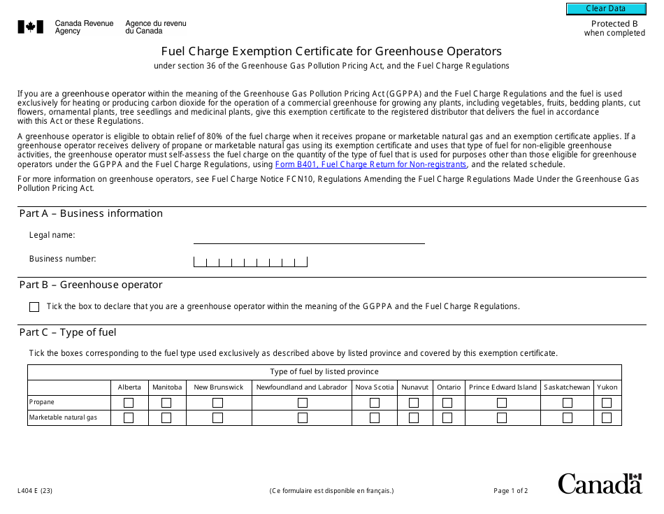 Form L404 Fuel Charge Exemption Certificate for Greenhouse Operators - Canada, Page 1