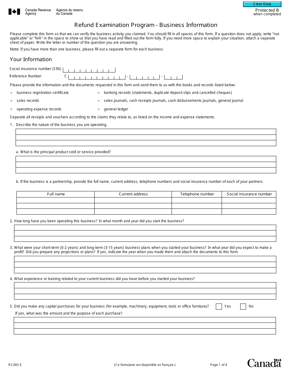 Form RC683 Refund Examination Program - Business Information - Canada, Page 1