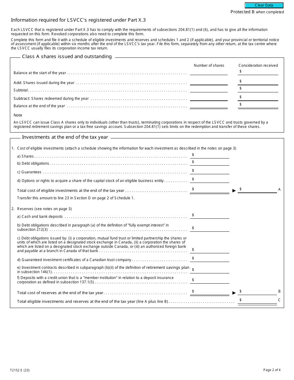 Form T2152 Part X.3 Tax Return for a Labour-Sponsored Venture Capital Corporation - Canada, Page 2