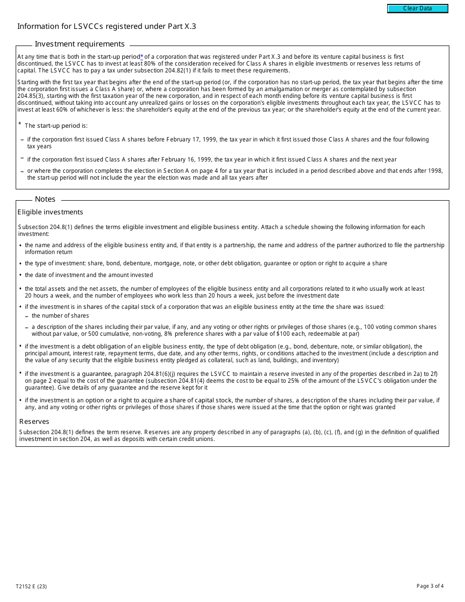 Form T2152 Part X.3 Tax Return for a Labour-Sponsored Venture Capital Corporation - Canada, Page 3