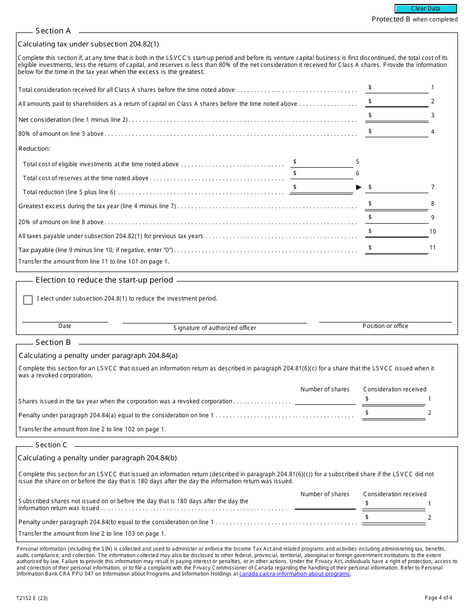 Form T2152 Part X.3 Tax Return for a Labour-Sponsored Venture Capital Corporation - Canada, Page 4