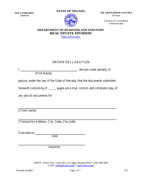 Form 770 Sworn Declaration - Nevada
