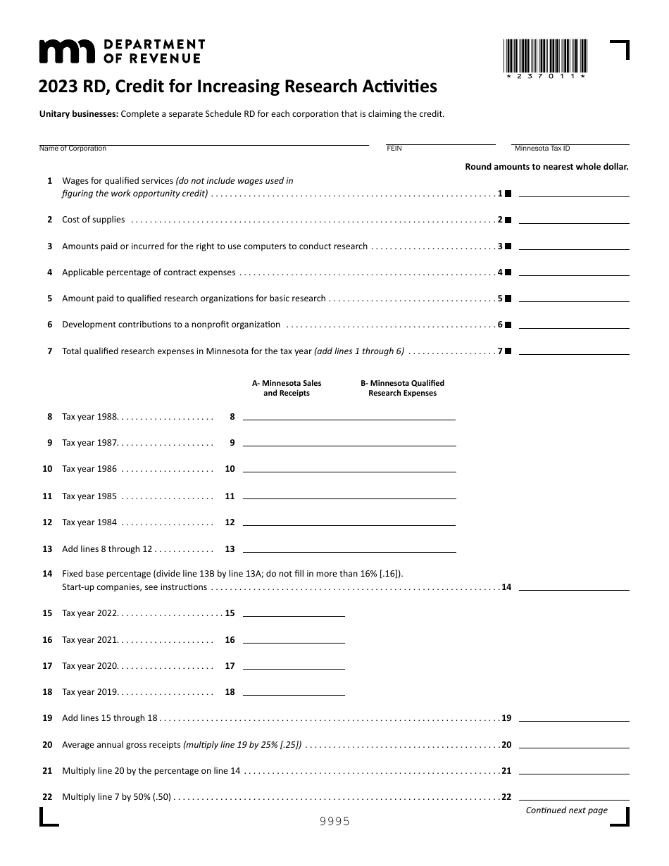 Schedule RD Credit for Increasing Research Activities - Minnesota, Page 1