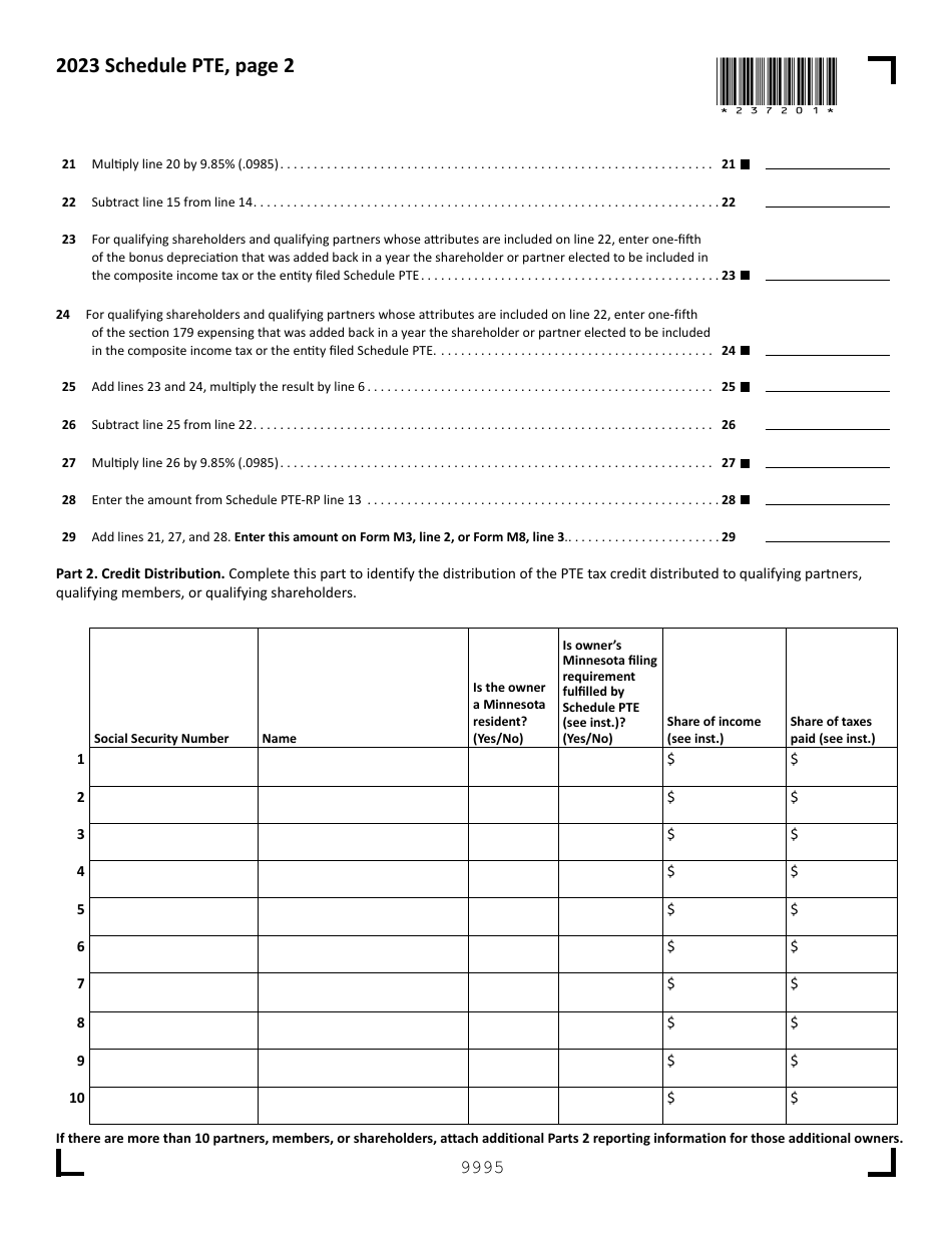 Schedule PTE Pass-Through Entity Tax - Minnesota, Page 2