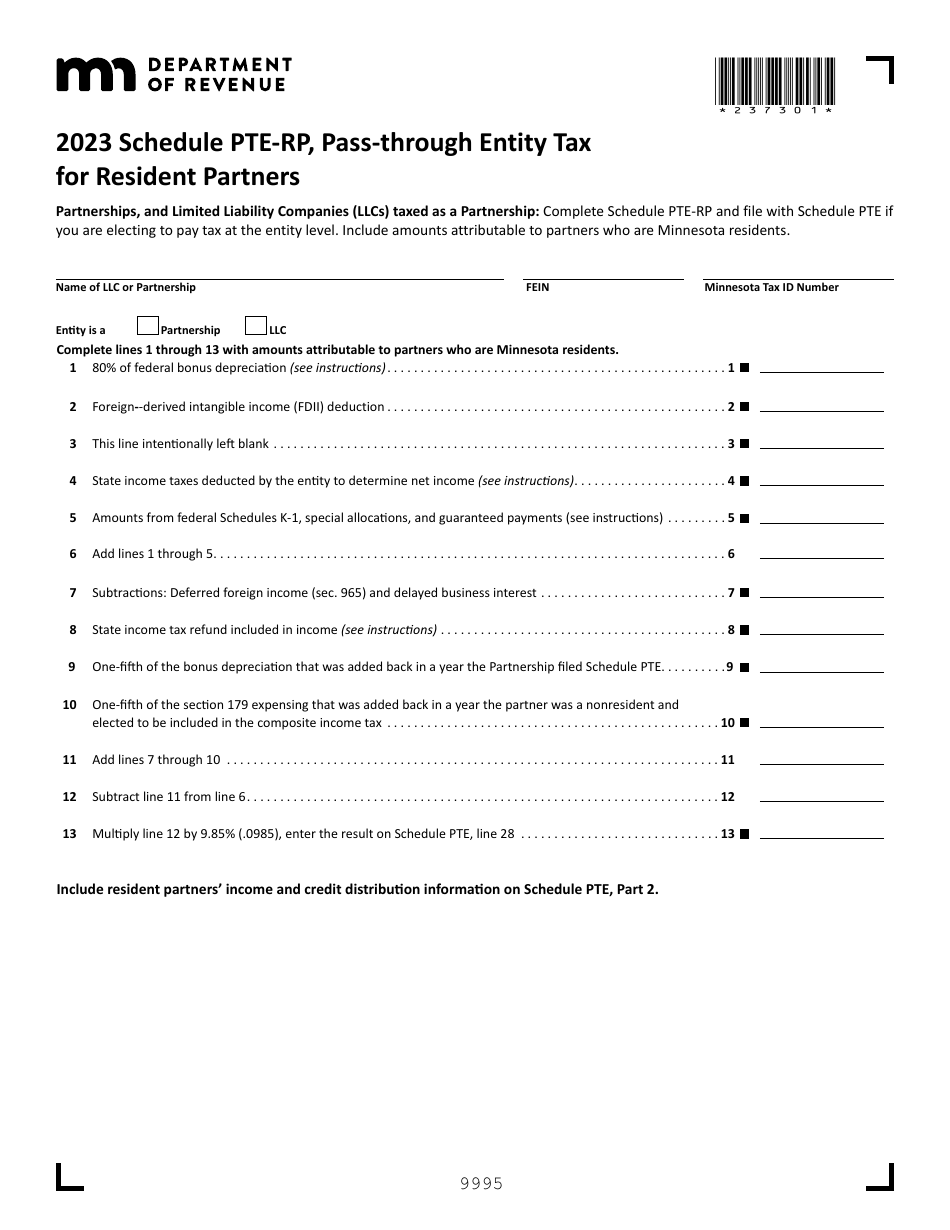 Schedule PTE-RP Pass-Through Entity Tax for Resident Partners - Minnesota, Page 1