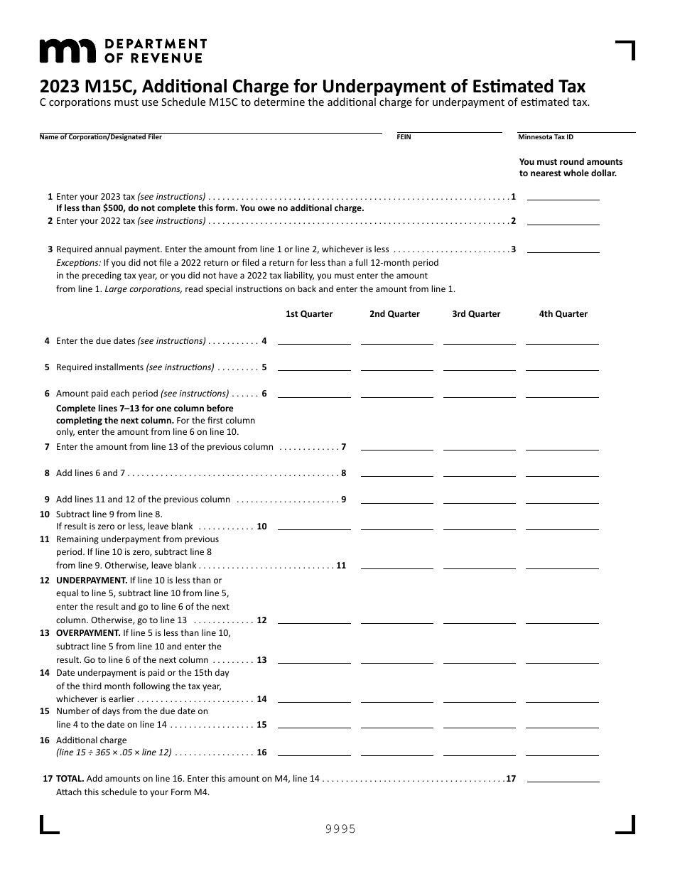 Schedule M15C Additional Charge for Underpayment of Estimated Tax - Minnesota, Page 1