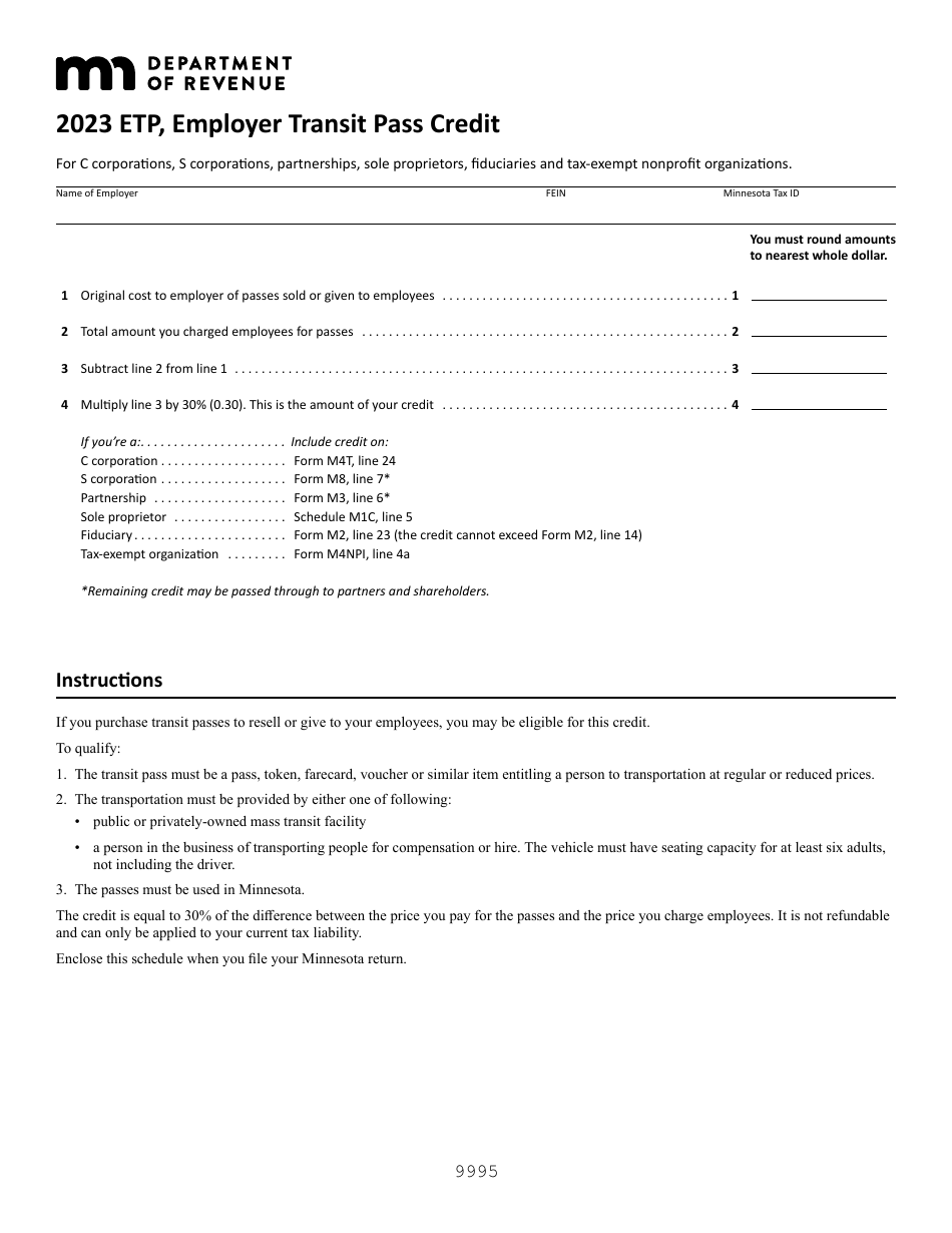 Form ETP Employer Transit Pass Credit - Minnesota, Page 1