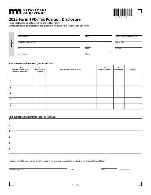 Form TPD Tax Position Disclosure - Minnesota, 2023