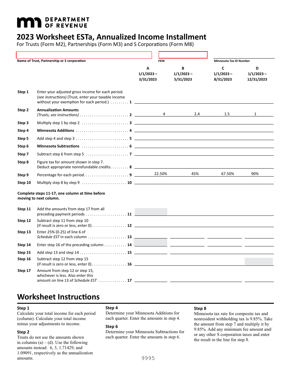 Schedule EST Additional Charge for Underpayment of Estimated Tax - Minnesota, Page 2