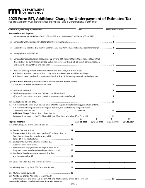 Schedule EST Additional Charge for Underpayment of Estimated Tax - Minnesota, 2023