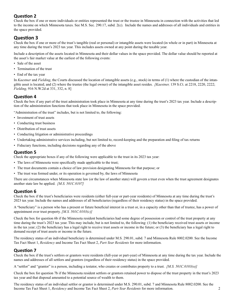 Schedule M2RT Resident Trust Questionnaire - Minnesota, Page 3