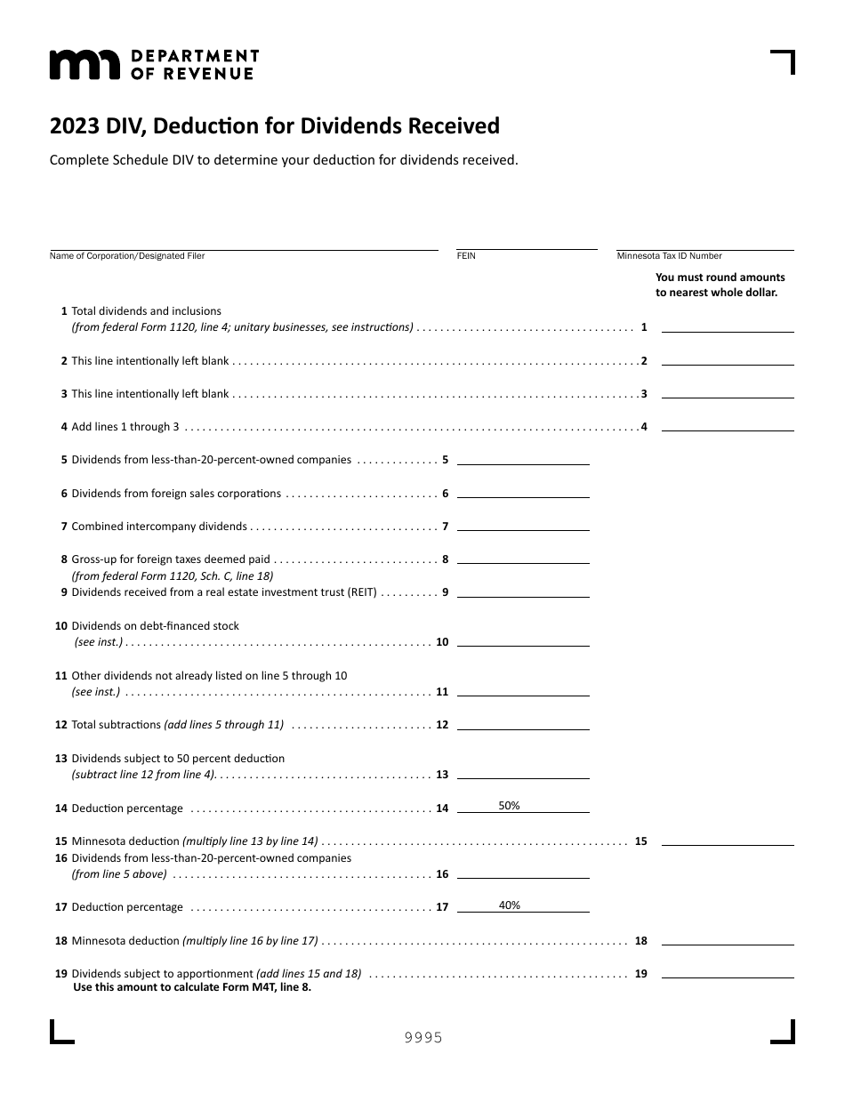 Schedule DIV Deduction for Dividends Received - Minnesota, Page 1