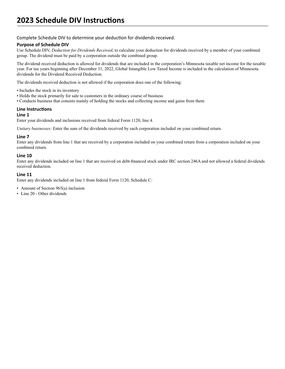 Schedule DIV Deduction for Dividends Received - Minnesota, Page 2