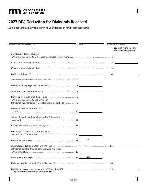 Schedule DIV Deduction for Dividends Received - Minnesota, 2023