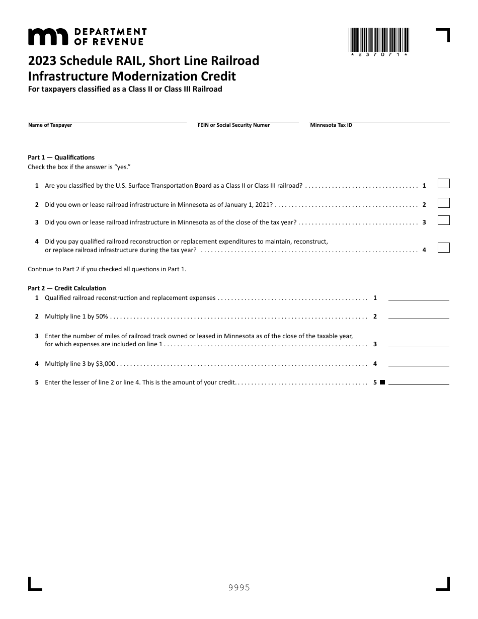 Schedule RAIL Short Line Railroad Infrastructure Modernization Credit - Minnesota, Page 1