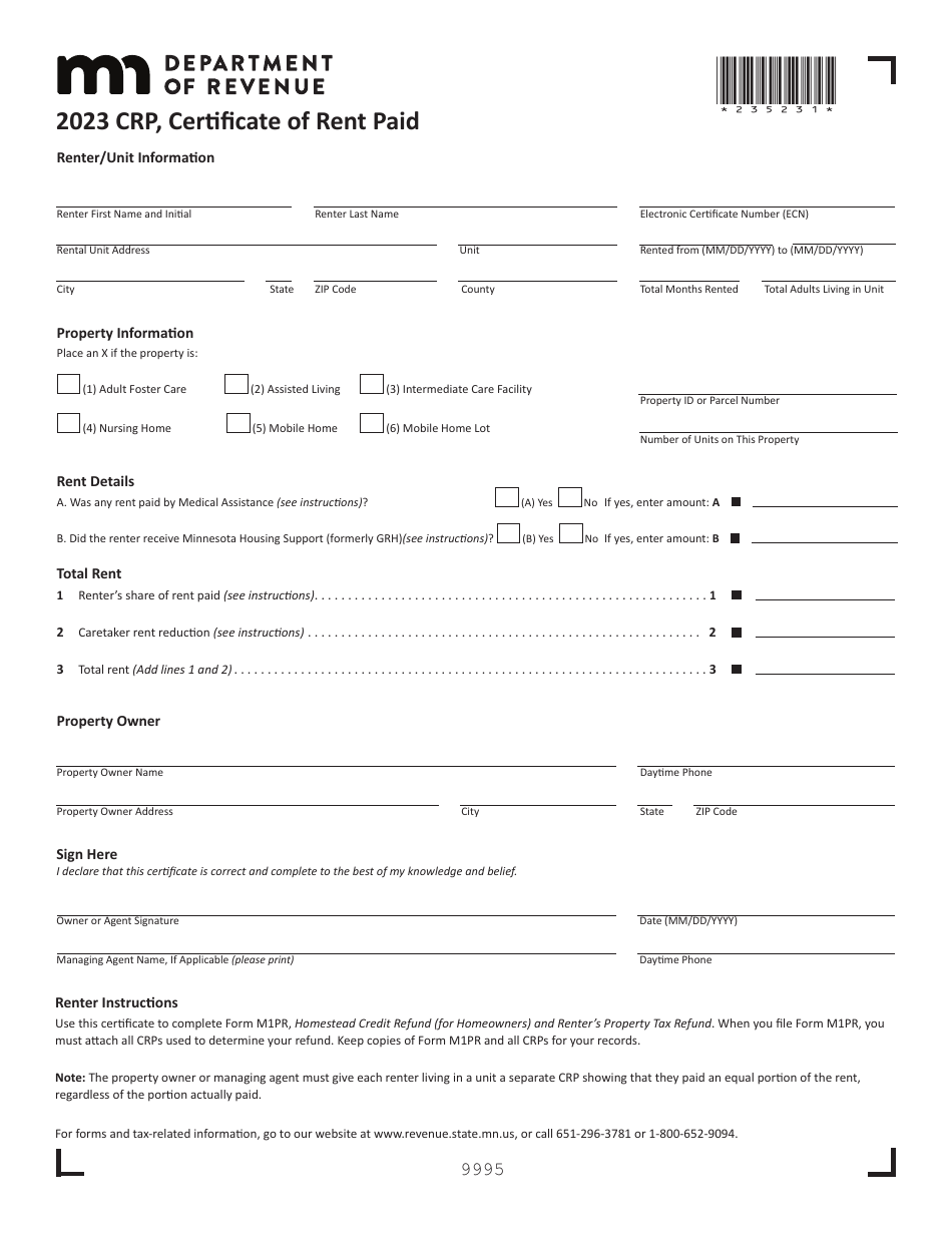 Form CRP Certificate of Rent Paid - Minnesota, Page 1