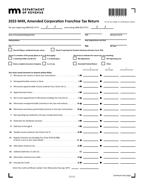 Form M4X Amended Corporation Franchise Tax Return - Minnesota, 2023
